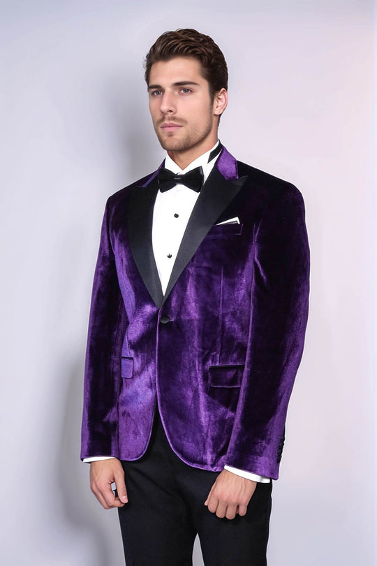 Men’s Royal Purple Velvet Dinner Jacket – Slim Fit with Black Satin Peak Lapels