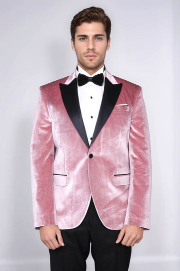 Men’s Rose Pink Velvet Dinner Jacket – Slim Fit with Black Satin Peak Lapels