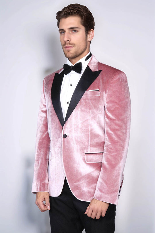 Men’s Rose Pink Velvet Dinner Jacket – Slim Fit with Black Satin Peak Lapels