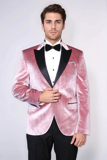 Men’s Rose Pink Velvet Dinner Jacket – Slim Fit with Black Satin Peak Lapels