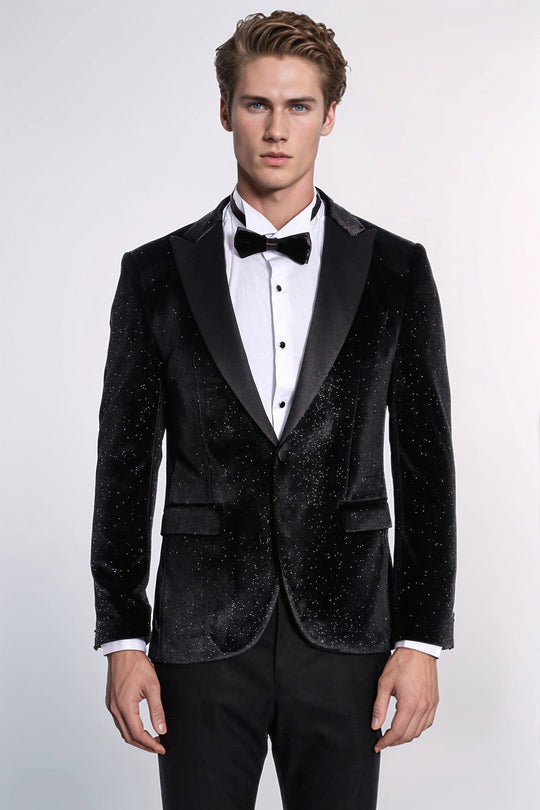Men’s Obsidian Black Sparkle Velvet Dinner Jacket – Slim Fit with Satin Peak Lapels