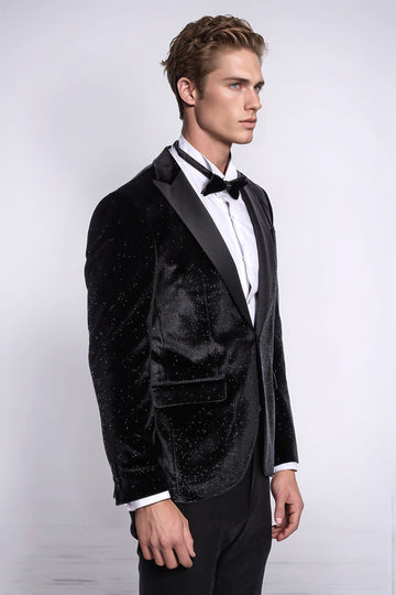 Men’s Obsidian Black Sparkle Velvet Dinner Jacket – Slim Fit with Satin Peak Lapels