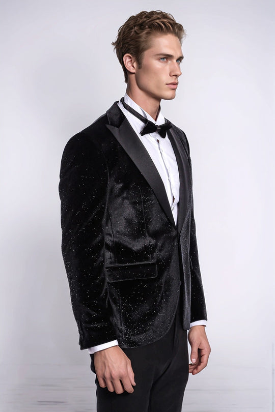Men’s Obsidian Black Sparkle Velvet Dinner Jacket – Slim Fit with Satin Peak Lapels