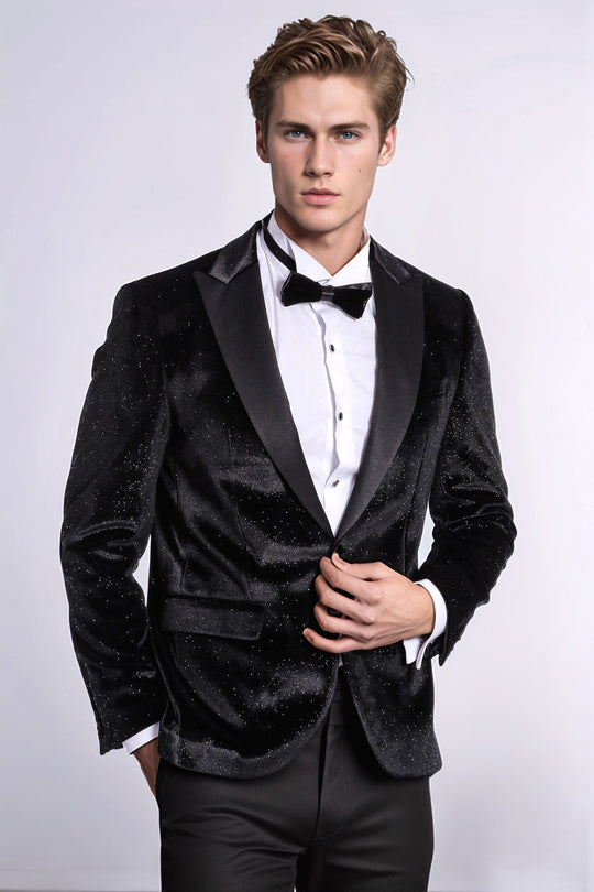 Men’s Obsidian Black Sparkle Velvet Dinner Jacket – Slim Fit with Satin Peak Lapels
