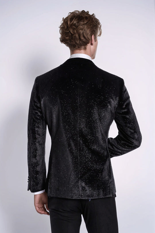 Men’s Obsidian Black Sparkle Velvet Dinner Jacket – Slim Fit with Satin Peak Lapels