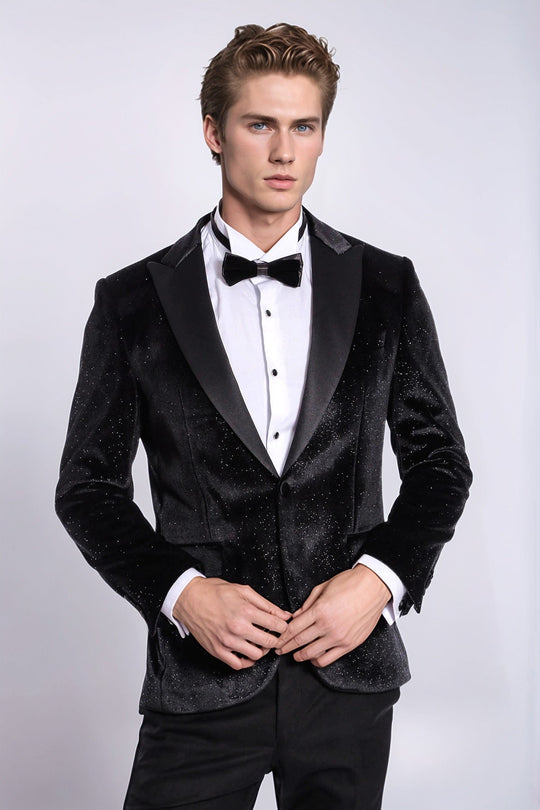 Men’s Obsidian Black Sparkle Velvet Dinner Jacket – Slim Fit with Satin Peak Lapels