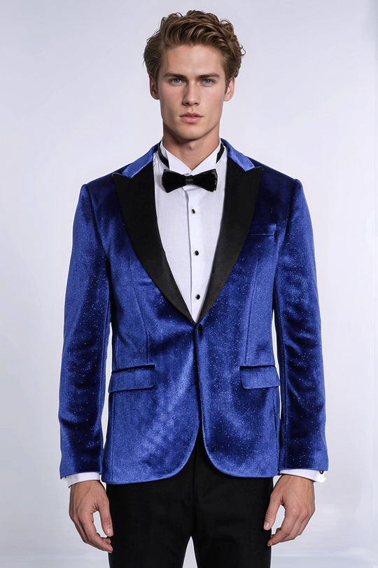 Men’s Electric Blue Sparkle Velvet Blazer – Slim Fit with Black Satin Peak Lapels