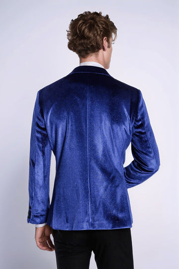 Men’s Electric Blue Sparkle Velvet Blazer – Slim Fit with Black Satin Peak Lapels