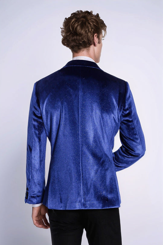 Men’s Electric Blue Sparkle Velvet Blazer – Slim Fit with Black Satin Peak Lapels