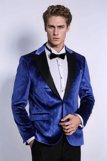 Men’s Electric Blue Sparkle Velvet Blazer – Slim Fit with Black Satin Peak Lapels