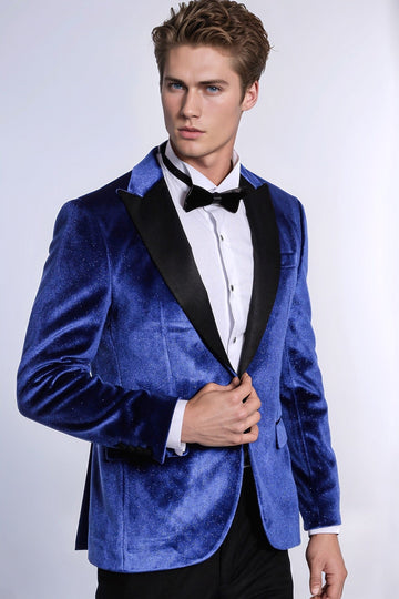 Men’s Electric Blue Sparkle Velvet Blazer – Slim Fit with Black Satin Peak Lapels