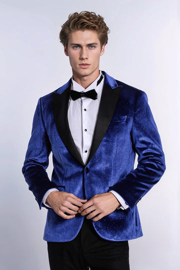 Men’s Electric Blue Sparkle Velvet Blazer – Slim Fit with Black Satin Peak Lapels