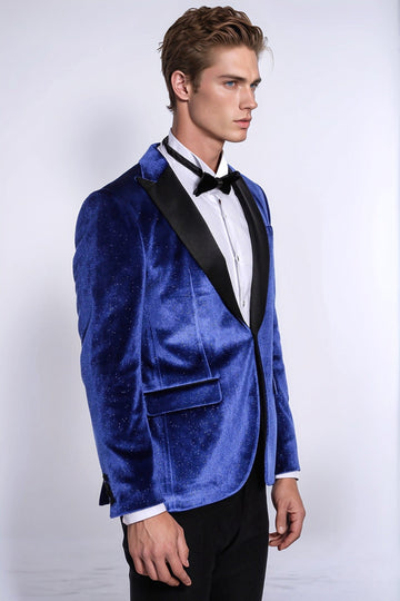 Men’s Electric Blue Sparkle Velvet Blazer – Slim Fit with Black Satin Peak Lapels