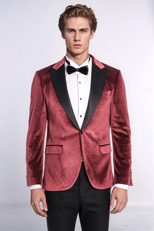Men’s Claret Burgundy Sparkle Velvet Blazer – Slim Fit with Black Satin Peak Lapels