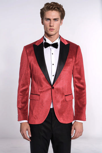 Men’s Radiant Red Sparkle Velvet Blazer – Slim Fit with Black Satin Peak Lapels
