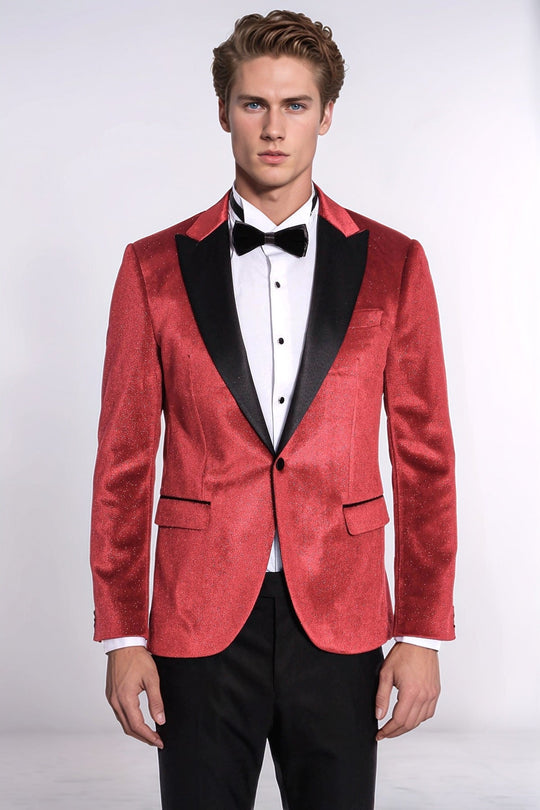 Men’s Radiant Red Sparkle Velvet Blazer – Slim Fit with Black Satin Peak Lapels