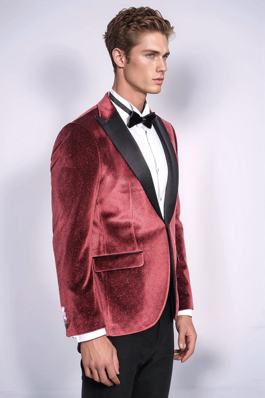 Men’s Claret Burgundy Sparkle Velvet Blazer – Slim Fit with Black Satin Peak Lapels