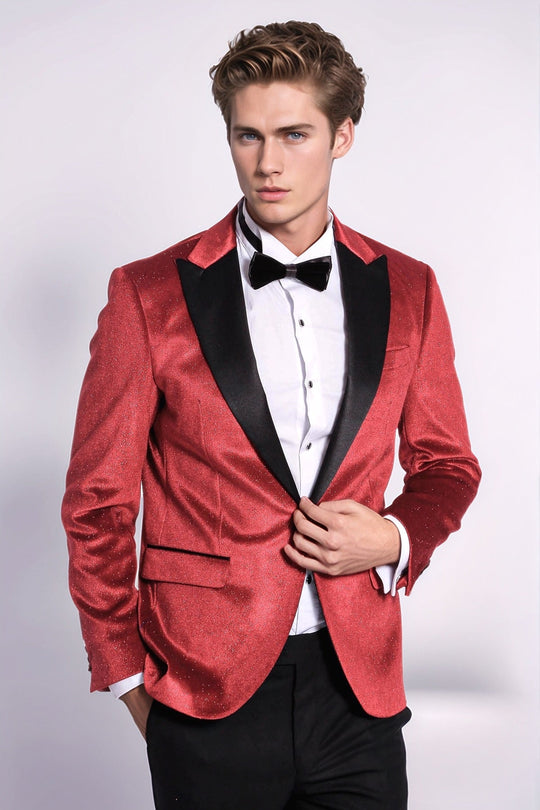 Men’s Radiant Red Sparkle Velvet Blazer – Slim Fit with Black Satin Peak Lapels