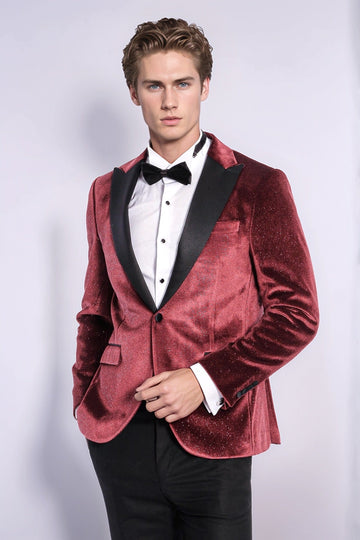 Men’s Claret Burgundy Sparkle Velvet Blazer – Slim Fit with Black Satin Peak Lapels
