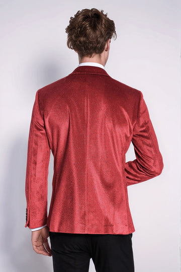 Men’s Radiant Red Sparkle Velvet Blazer – Slim Fit with Black Satin Peak Lapels