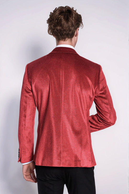 Men’s Radiant Red Sparkle Velvet Blazer – Slim Fit with Black Satin Peak Lapels