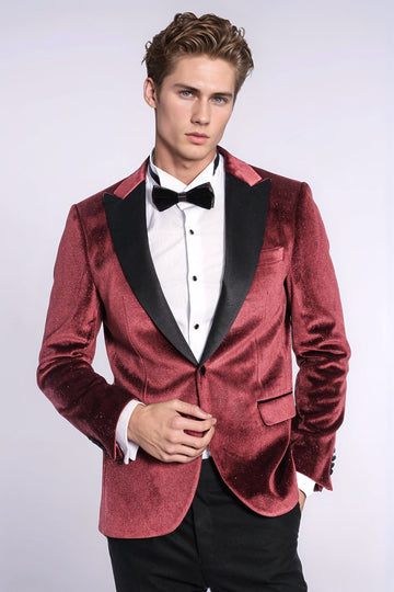 Men’s Claret Burgundy Sparkle Velvet Blazer – Slim Fit with Black Satin Peak Lapels