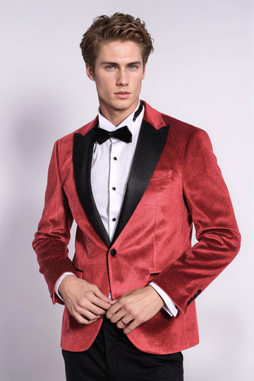 Men’s Radiant Red Sparkle Velvet Blazer – Slim Fit with Black Satin Peak Lapels
