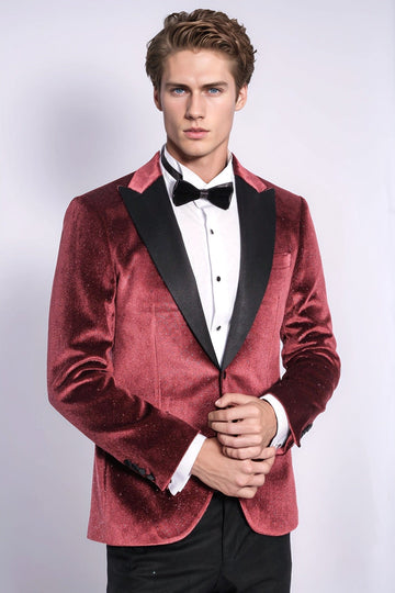Men’s Claret Burgundy Sparkle Velvet Blazer – Slim Fit with Black Satin Peak Lapels