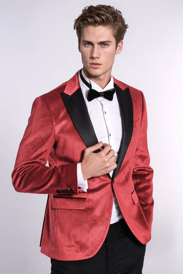 Men’s Radiant Red Sparkle Velvet Blazer – Slim Fit with Black Satin Peak Lapels