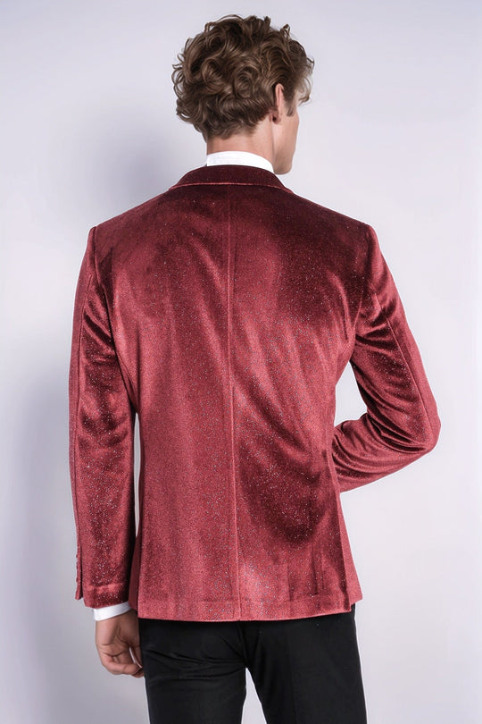 Men’s Claret Burgundy Sparkle Velvet Blazer – Slim Fit with Black Satin Peak Lapels