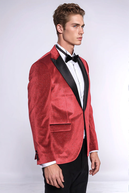 Men’s Radiant Red Sparkle Velvet Blazer – Slim Fit with Black Satin Peak Lapels