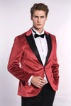 Men’s Radiant Red Sparkle Velvet Blazer – Slim Fit with Black Satin Peak Lapels