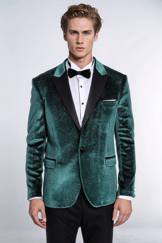 Men’s Emerald Green Sparkle Velvet Blazer – Slim Fit with Black Satin Peak Lapels
