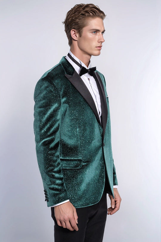 Men’s Emerald Green Sparkle Velvet Blazer – Slim Fit with Black Satin Peak Lapels