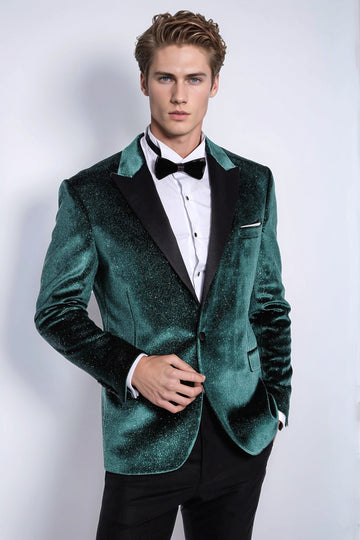 Men’s Emerald Green Sparkle Velvet Blazer – Slim Fit with Black Satin Peak Lapels