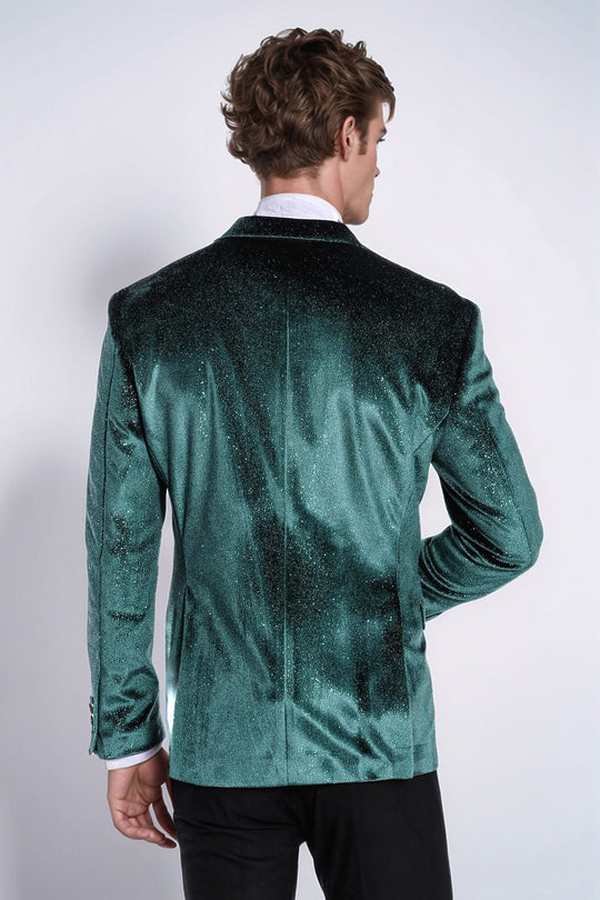 Men’s Emerald Green Sparkle Velvet Blazer – Slim Fit with Black Satin Peak Lapels