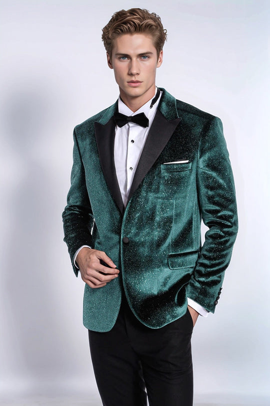 Men’s Emerald Green Sparkle Velvet Blazer – Slim Fit with Black Satin Peak Lapels