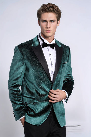Men’s Emerald Green Sparkle Velvet Blazer – Slim Fit with Black Satin Peak Lapels