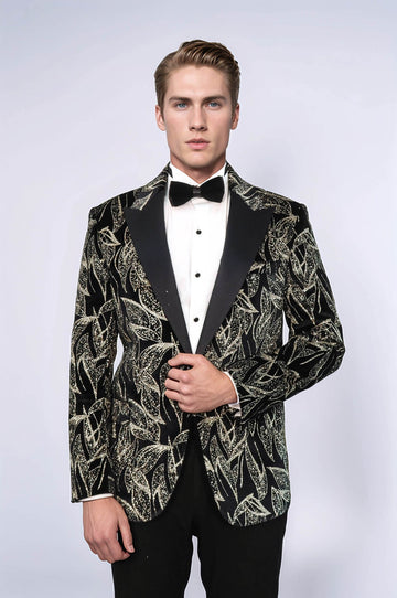 Men’s Midnight Black Glittery Slim Fit Peak Lapel Wedding Tuxedo Blazer