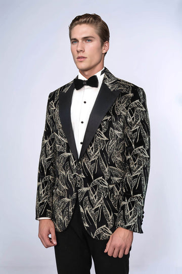 Men’s Midnight Black Glittery Slim Fit Peak Lapel Wedding Tuxedo Blazer