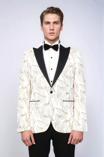 Men’s Pearl White & Gold Glitter Leaf Dinner Jacket – Slim Fit with Black Satin Peak Lapels