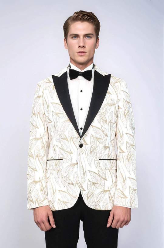 Men’s Pearl White & Gold Glitter Leaf Dinner Jacket – Slim Fit with Black Satin Peak Lapels