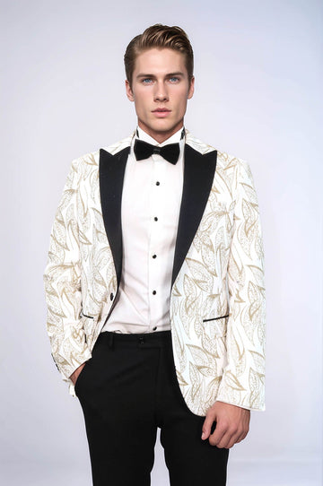 Man wearing a formal outfit with a white jacket, black pants, and bow tie on a white background