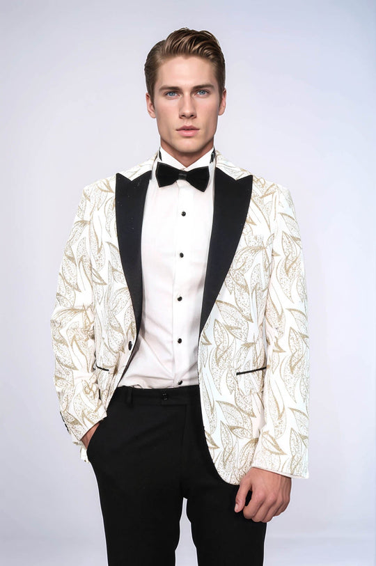Man wearing a formal outfit with a white jacket, black pants, and bow tie on a white background