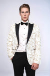 Men’s Pearl White & Gold Glitter Leaf Dinner Jacket – Slim Fit with Black Satin Peak Lapels