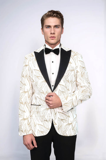 Men’s Pearl White & Gold Glitter Leaf Dinner Jacket – Slim Fit with Black Satin Peak Lapels