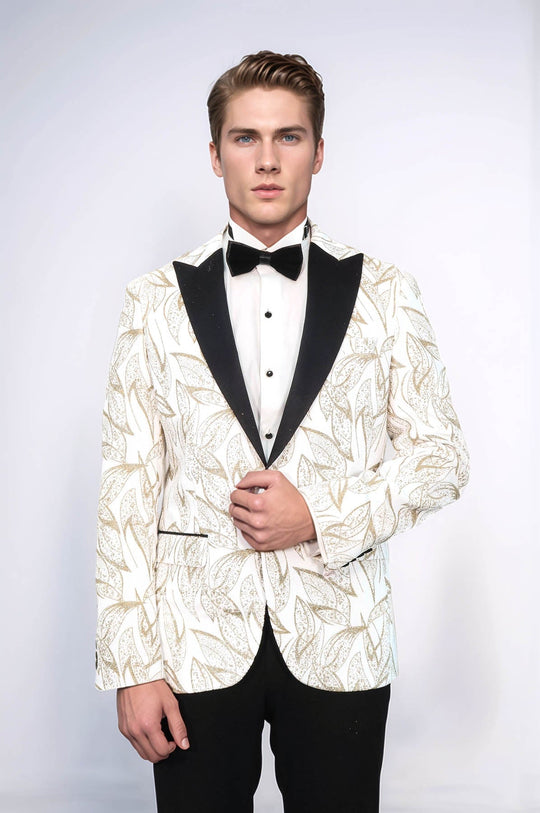 Men’s Pearl White & Gold Glitter Leaf Dinner Jacket – Slim Fit with Black Satin Peak Lapels