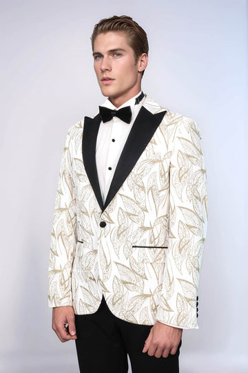Men’s Pearl White & Gold Glitter Leaf Dinner Jacket – Slim Fit with Black Satin Peak Lapels