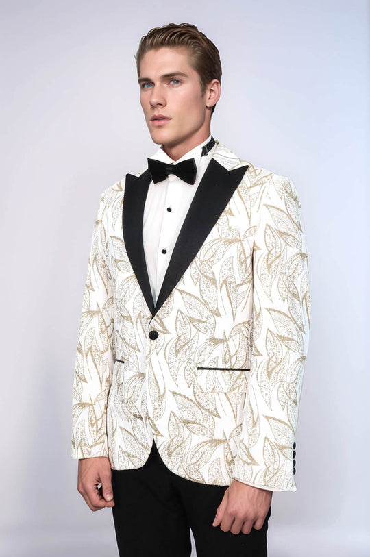 Men’s Pearl White & Gold Glitter Leaf Dinner Jacket – Slim Fit with Black Satin Peak Lapels