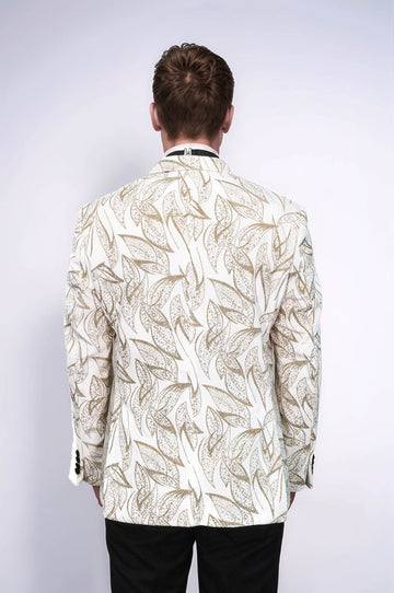 Men’s Pearl White & Gold Glitter Leaf Dinner Jacket – Slim Fit with Black Satin Peak Lapels